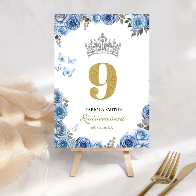 Elegant dusty blue and  gold quinceanera  table number (Creator Uploaded)