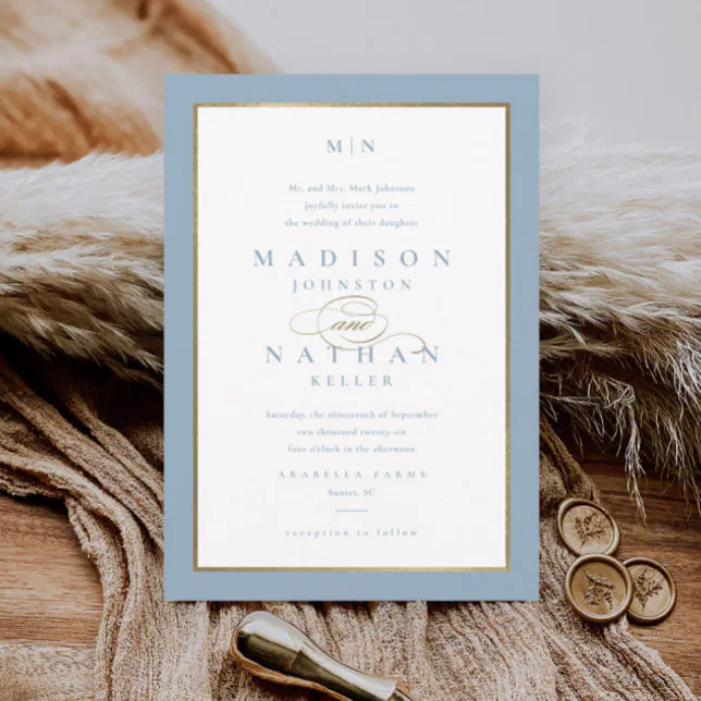 Elegant Dusty Blue and Gold Wedding Invitation | Zazzle