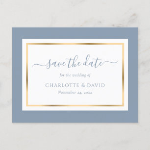 Elegant Dusty Blue and Gold Wedding Save The Date Announcement Postcard