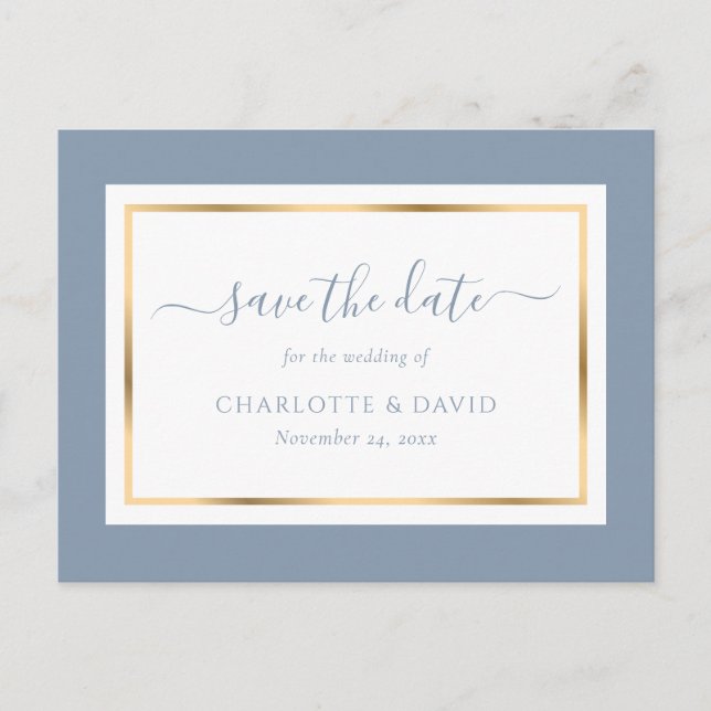 Elegant Dusty Blue and Gold Wedding Save The Date Announcement Postcard (Front)
