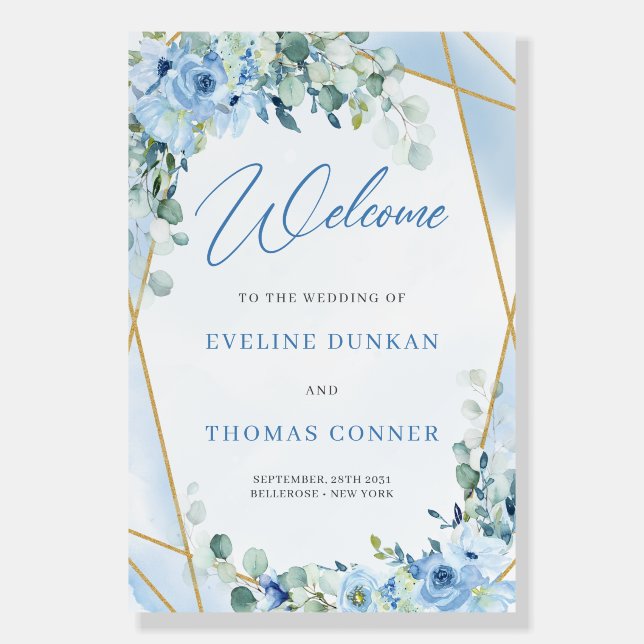 Elegant  Dusty Blue and Gold wedding welcome sign (Front)