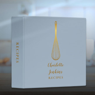 Elegant Dusty Blue And Gold Whisk Recipe Script 3 Ring Binder
