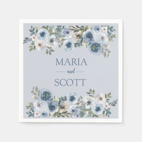 Elegant Dusty Blue And Grey Floral Wedding  Napkins