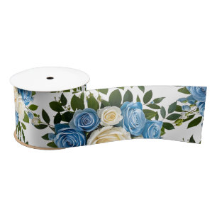 Elegant Dusty Blue and Ivory Floral Wedding Satin Ribbon