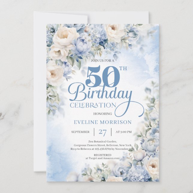 Elegant Dusty Blue and Ivory Flowers 50th birthday Invitation (Front)