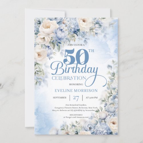 Elegant Dusty Blue and Ivory Flowers 50th birthday Invitation