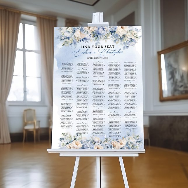 Elegant Dusty Blue and Ivory Flowers Alphabetical  Foam Board ( Boho Elegant Dusty Blue and Ivory Flowers Alphabetical seating chart )