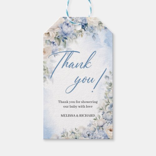 Elegant Dusty Blue and Ivory Flowers baby shower Gift Tags