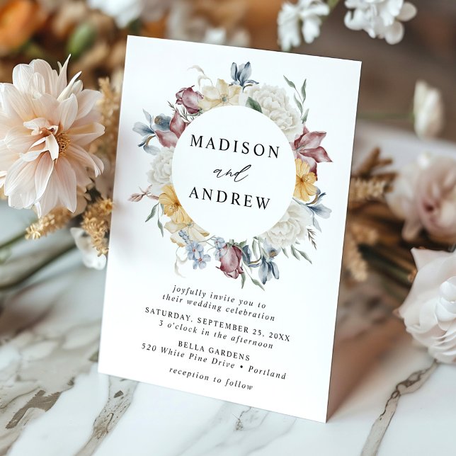 Elegant Dusty Blue and Mauve Wildflower Wedding Invitation (Creator Uploaded)