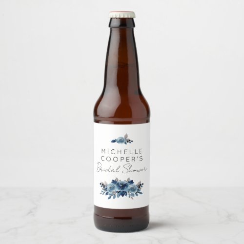 Elegant Dusty Blue and Navy Floral Beer Bottle Label