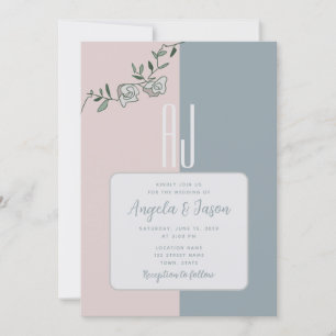 Elegant Dusty Blue and Pink Floral Photo Wedding Invitation