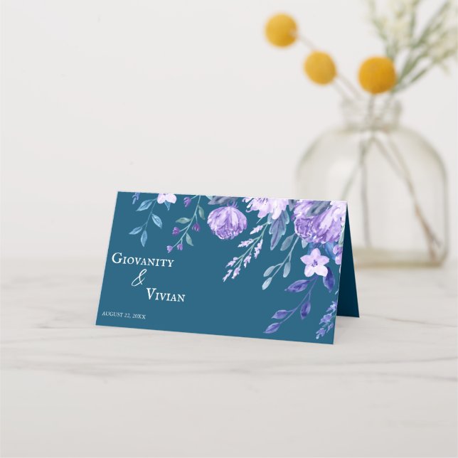 Elegant Dusty Blue and Purple Floral Wedding  Place Card (Back)
