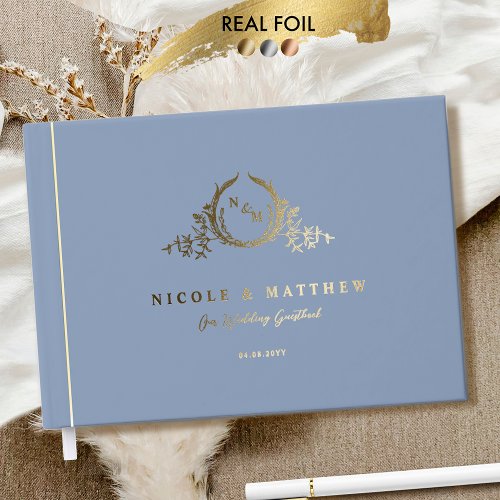 Elegant Dusty Blue and Real Foil Monogram Wedding Foil Guest Book