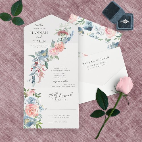 Elegant Dusty Blue and Rose Floral Swag All In One Invitation