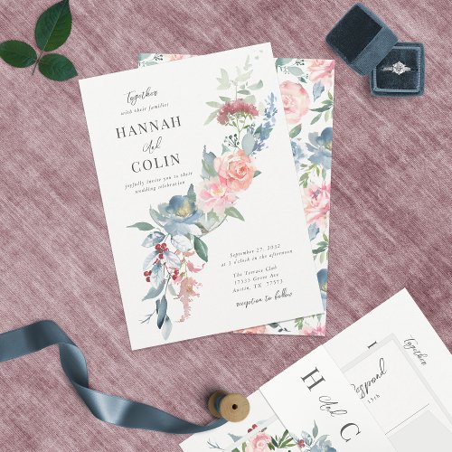 Elegant Dusty Blue and Rose Floral Swag Invitation