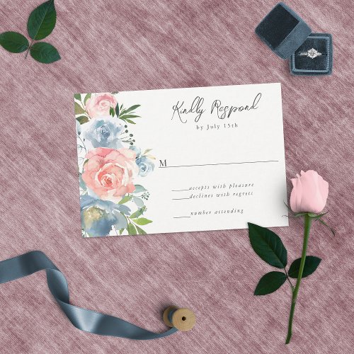 Elegant Dusty Blue and Rose Floral Swag RSVP Card