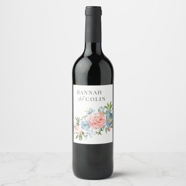 Elegant Dusty Blue and Rose Floral Swag Wine Label (Front)