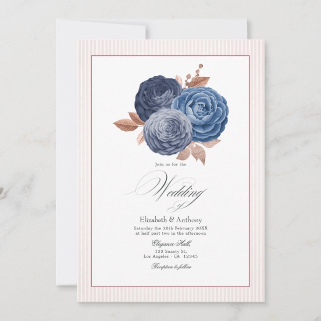 Elegant Dusty Blue and Rose Gold Floral Wedding Invitation (Front)