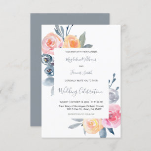 elegant dusty blue and rose pink wedding invitation