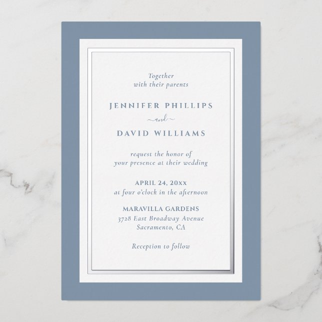 Elegant Dusty Blue and Silver Foil Invitation (Front)