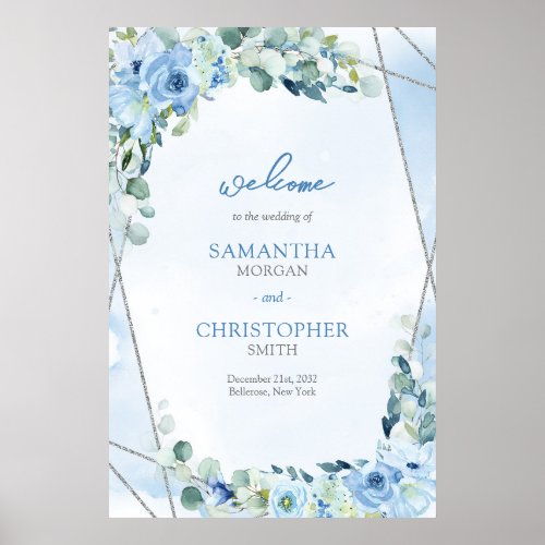 Elegant  Dusty Blue and silver frame sage Welcome Poster