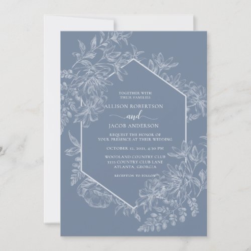 Elegant Dusty Blue and White Floral Wedding Invitation
