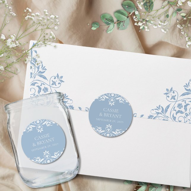 Elegant Dusty Blue and White Minimal Wedding Classic Round Sticker (elegant dusty blue and white wedding stickers for romantic envelope seals favors and thank you gifts)