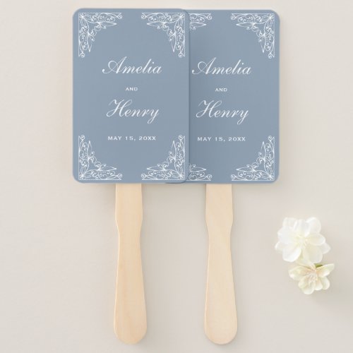 Elegant Dusty Blue and White Ornate Border Wedding Hand Fan