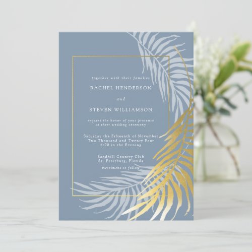 Elegant Dusty Blue and White Tropical Wedding Invitation