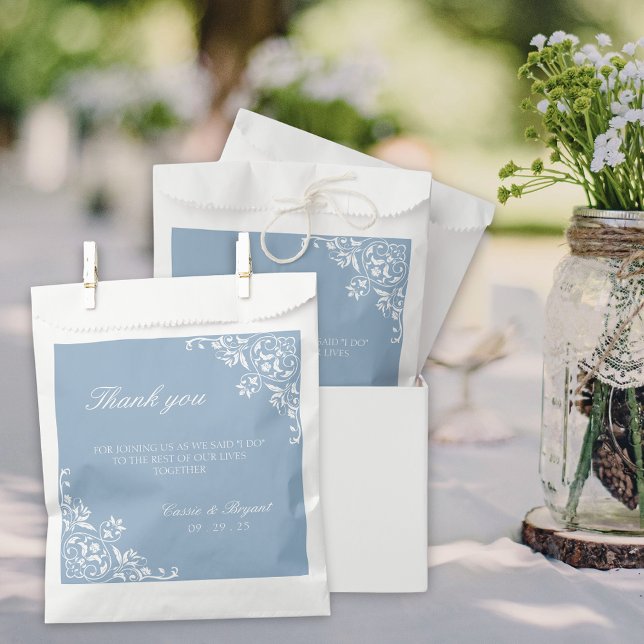 Elegant Dusty Blue and White Wedding Thank You Favor Bag (elegant dusty blue and white wedding favor bags for bridal party or thank you gifts for guests)