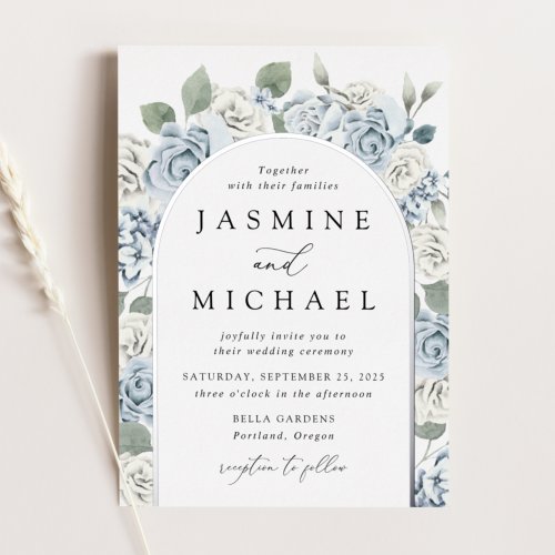 Elegant Dusty Blue Arch Floral Frame Wedding  Foil Invitation