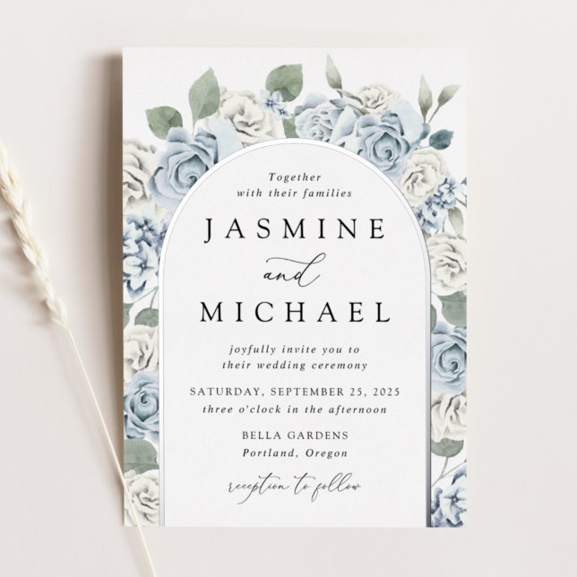 Elegant Dusty Blue Arch Floral Frame Wedding  Foil Invitation (Creator Uploaded)