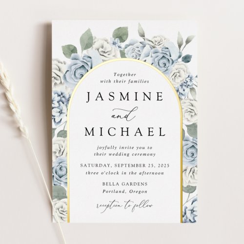 Elegant Dusty Blue Arch Floral Frame Wedding Foil Invitation