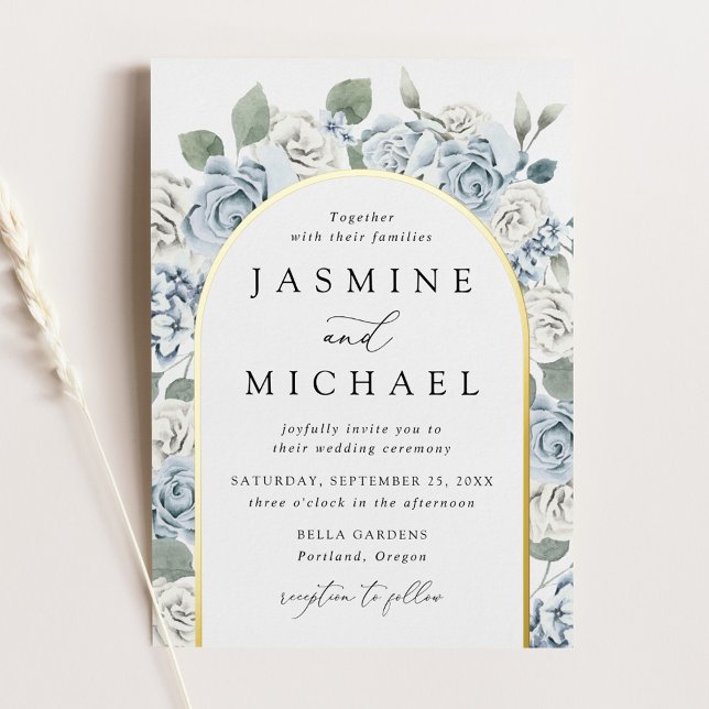 Elegant Dusty Blue Arch Floral Frame Wedding Foil Invitation (Creator Uploaded)