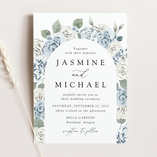 Elegant Dusty Blue Arch Floral Frame Wedding Invitation