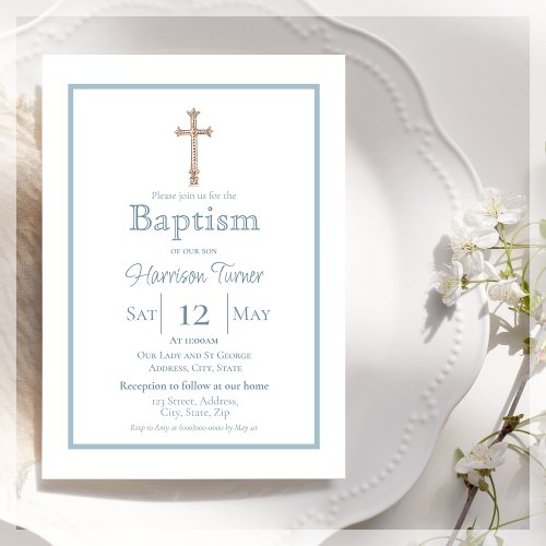 Elegant Dusty Blue  Baptism Invitation