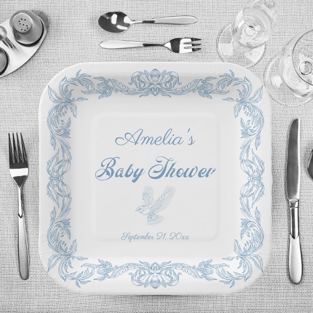 Elegant Dusty Blue Baroque Filigree Baby Shower Paper Plates (Creator Uploaded)