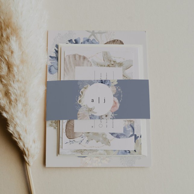 Elegant Dusty Blue Beach Wedding Invitation Belly Band (Creator Uploaded)
