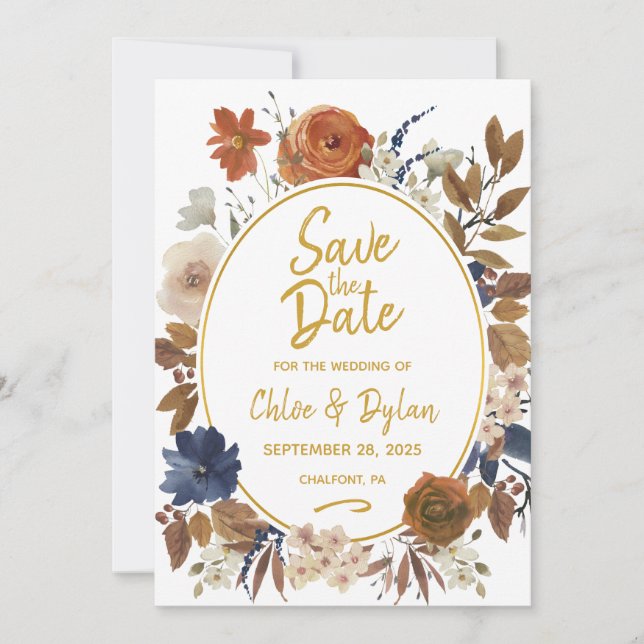 Elegant Dusty Blue Beige Brown Floral  Save The Date (Front)