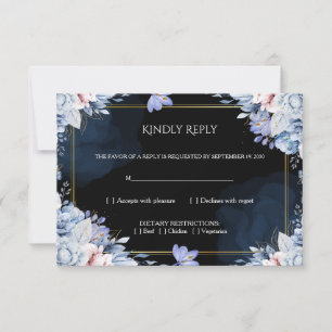 Elegant Dusty Blue Black Floral Wedding RSVP Card