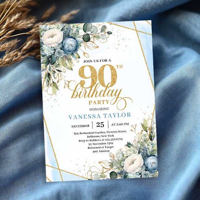 Elegant dusty blue blooms 90th birthday invite  (Elegant dusty blue blooms 90th birthday invite design)