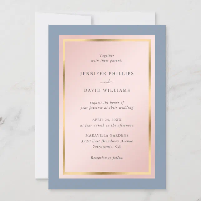 Elegant Dusty Blue Blush And Gold Wedding Invitation Zazzle