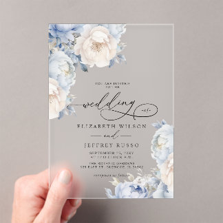 Elegant Dusty Blue Blush Botanical Floral Wedding Acrylic Invitations
