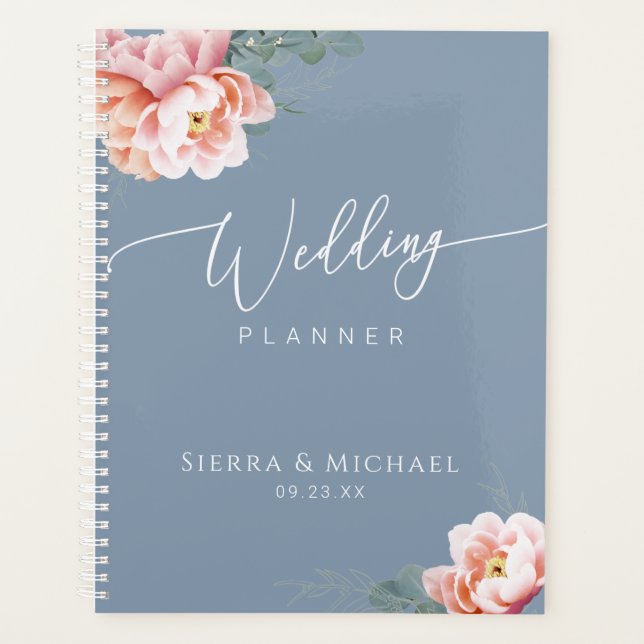 Elegant Dusty Blue Blush Floral Greenery Wedding Planner (Front)