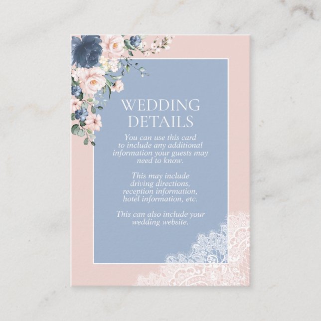 Elegant Dusty Blue Blush Floral Lace Details Enclosure Card (Front)