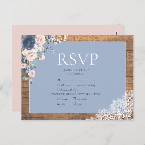 Elegant Dusty Blue Blush Floral Lace Wedding RSVP Invitation Postcard