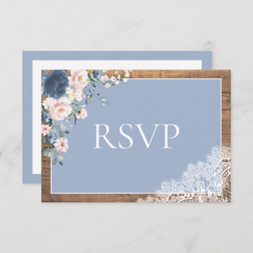 Elegant Dusty Blue Blush Floral Lace Wood Wedding RSVP Card