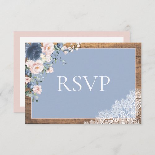 Elegant Dusty Blue Blush Floral Lace Wood Wedding RSVP Card
