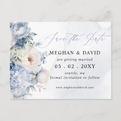 Elegant Dusty Blue Blush Floral Save the Date Announcement Postcard
