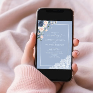 Elegant Dusty Blue Blush Lace Script Photo Wedding Invitation